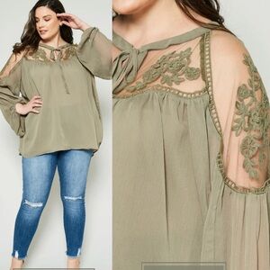 Plus Size Olive Green Cold-Shoulder Peasant Top
